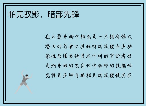 帕克驭影，暗部先锋